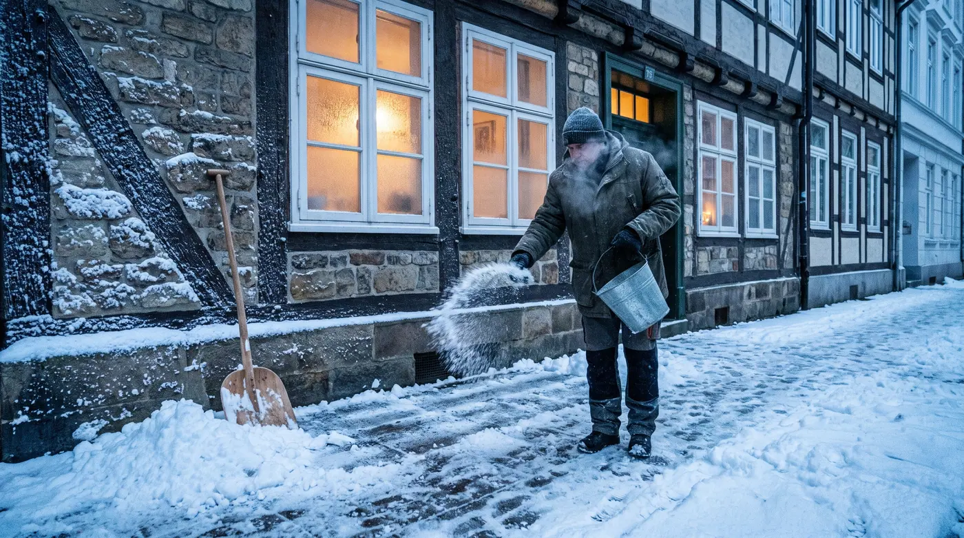 Winterdienst vor einem Mehrfamilienhaus